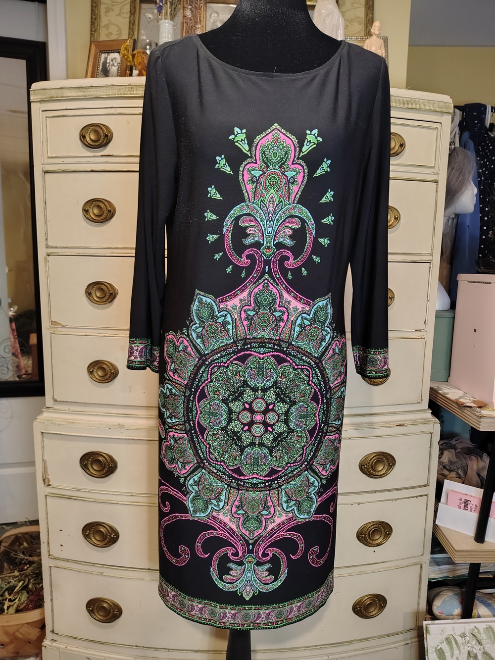 London Times Black Long-Sleeve Dress with Pink & Green Medallion Print